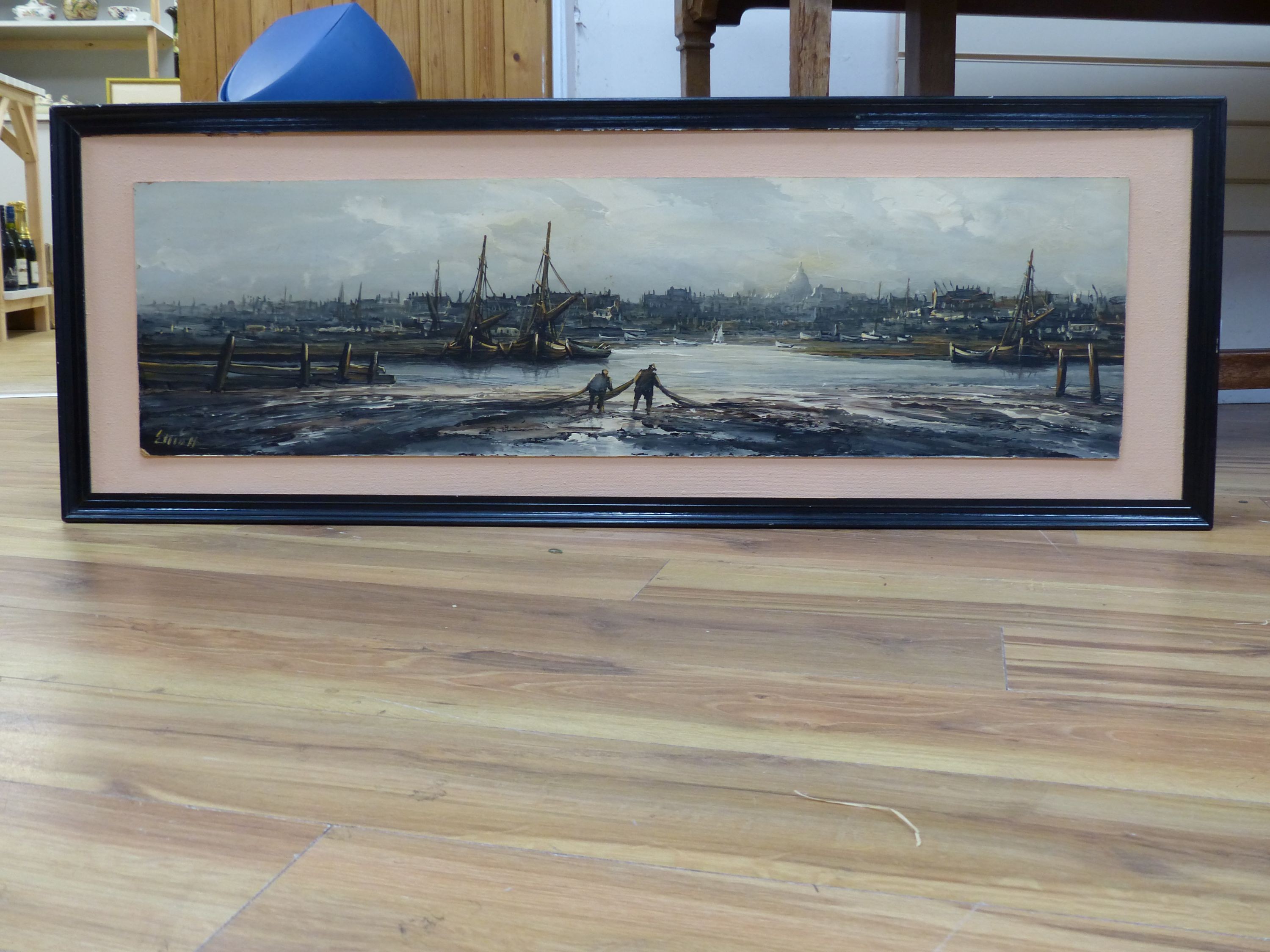 Edward Elliott (fl.1920-1934), oil on board, Estuary scene, signed, 30 x 109cm